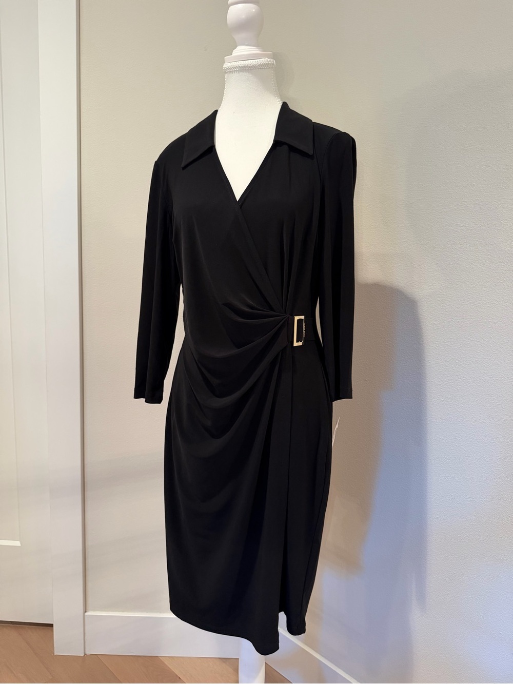 Anne Klein Black Midi Wrap Dress with Gold Buckle